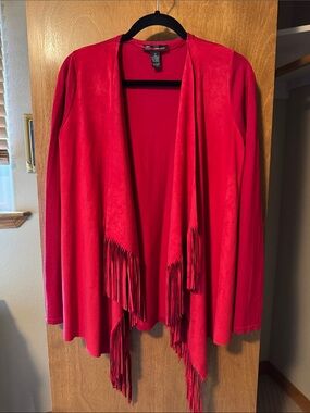 INC International Concepts red open-front fringe cardigan